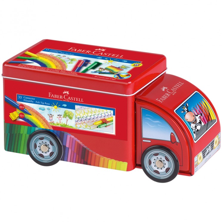 Фломастеры детские 33 цвета Connector набор Машина +10 клипс, металлическая коробка, артикул 155533