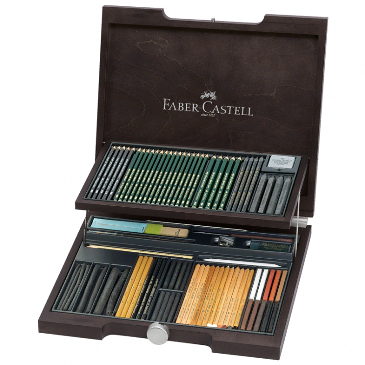 Графические материалы Pitt Monochrome Faber-Castell набор 85 предметов, в деревянномом пенале, артикул 112971