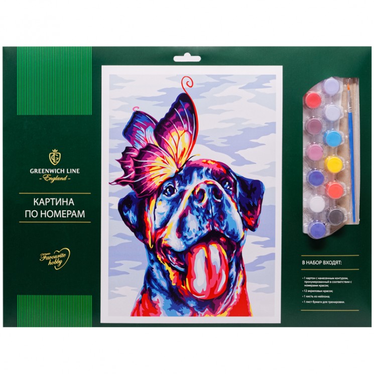 Картина по номерам "Пес и бабочка" A3, с акриловыми красками, картон