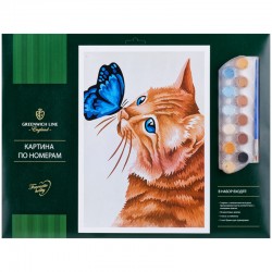 Картина по номерам "Кот и бабочка" A3, с акриловыми красками, картон, европодвес