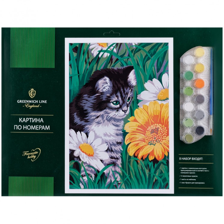 Картина по номерам "Котик в цветах" A3, с акриловыми красками, картон, европодвес